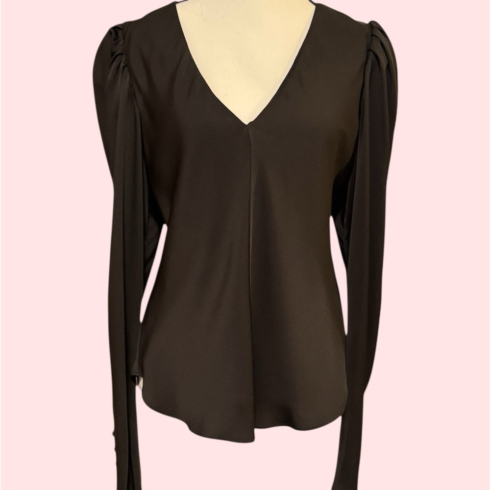 Frame Shirred Puff  Sleeve Silk Elegant Black V-Neck Blouse